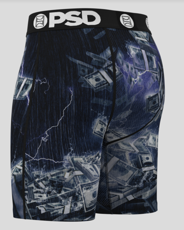 briefs with money bill pattern and 'PSD' branding on a gray background