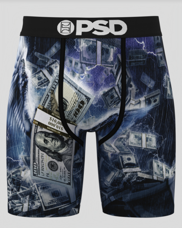 briefs with money design and 'PSD' branding on a gray background