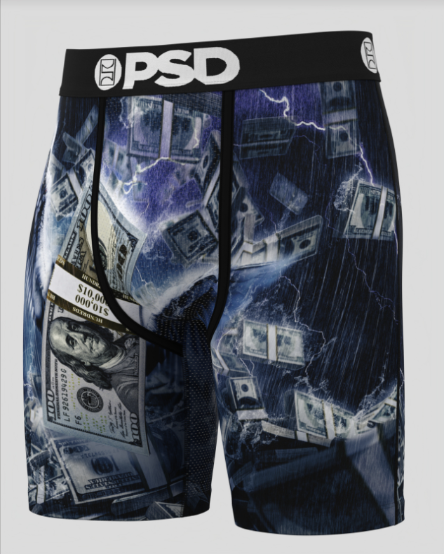 Boxer briefs with money design and PSD branding on a white background