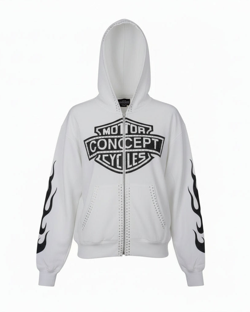 White hoodie with black logo and designs on a white background
