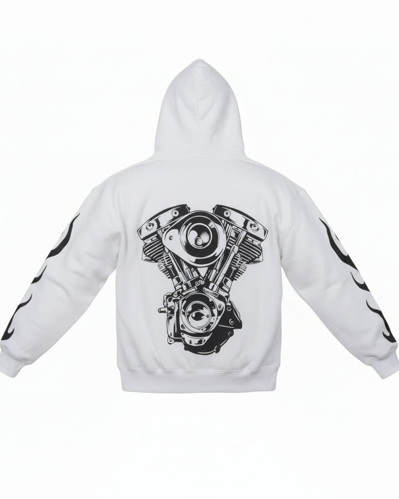 White hoodie with black engine graphic on a white background