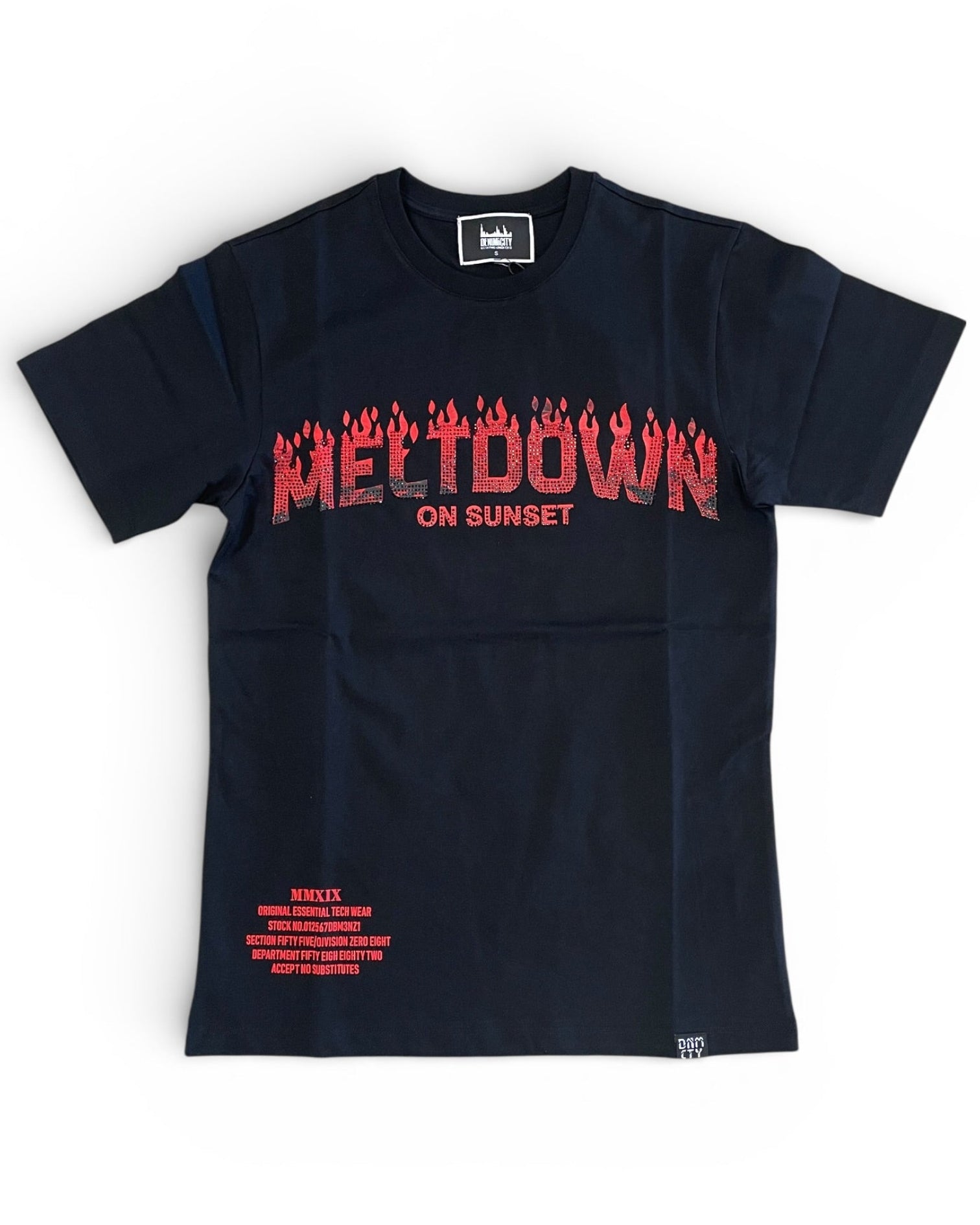 Black t-shirt with red text on a white background