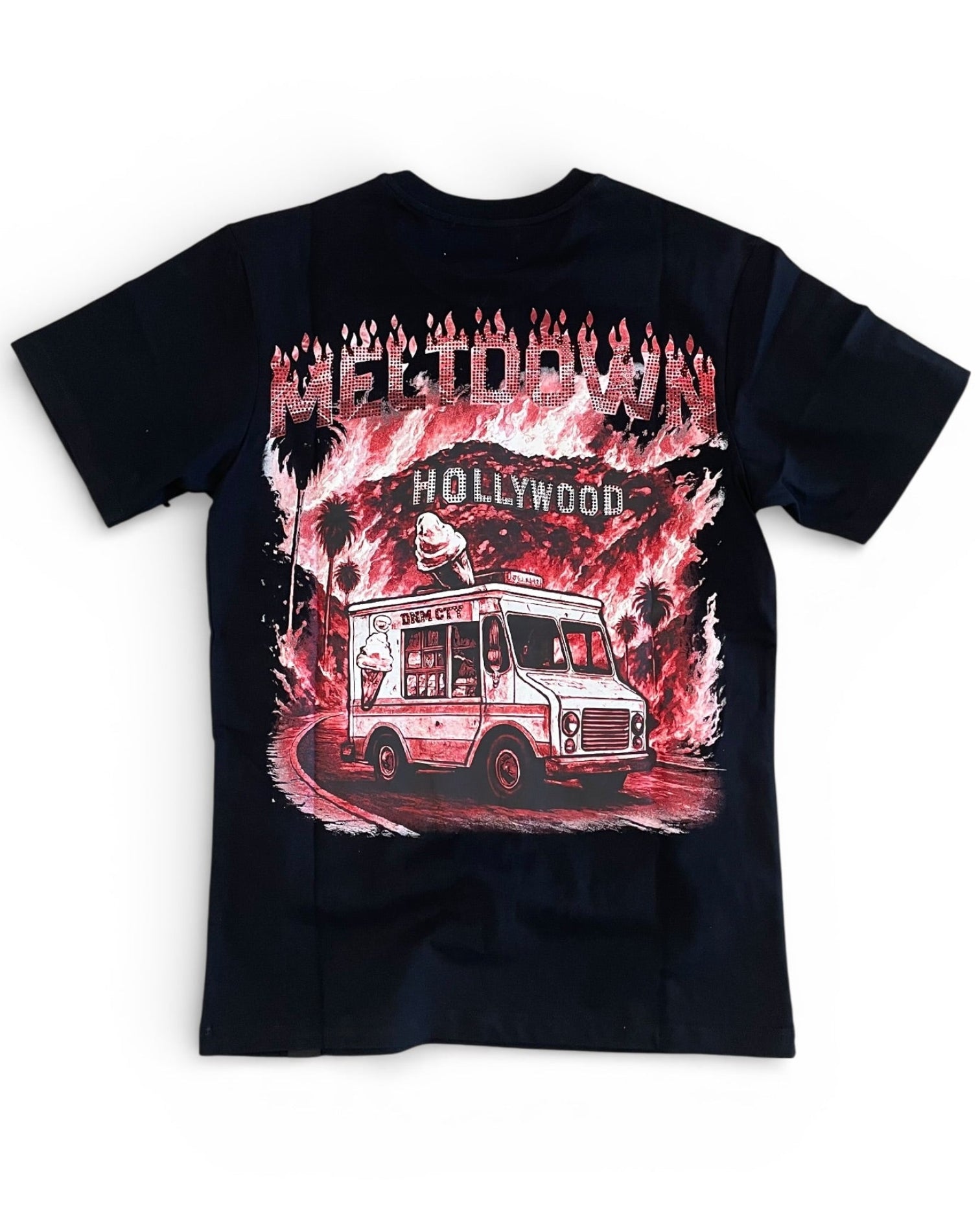 Black t-shirt with a graphic design of a food truck and flames on a white background