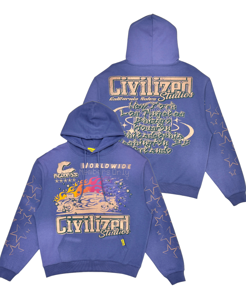 Purple hoodie with colorful graphics and text on a white background
