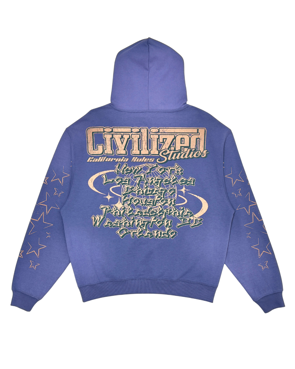 Blue hoodie with text and star patterns on a white background