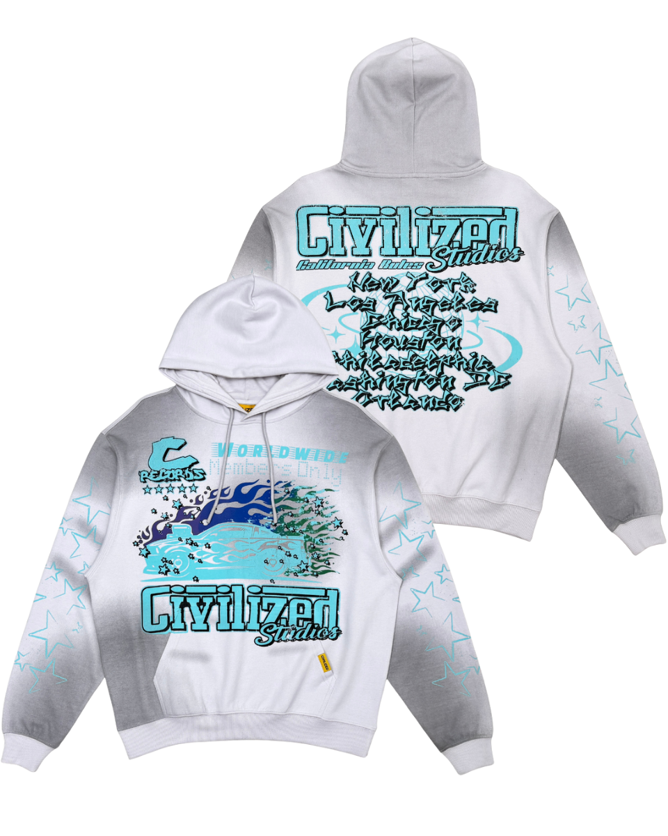 White hoodie with blue and black graphics and text on a white background