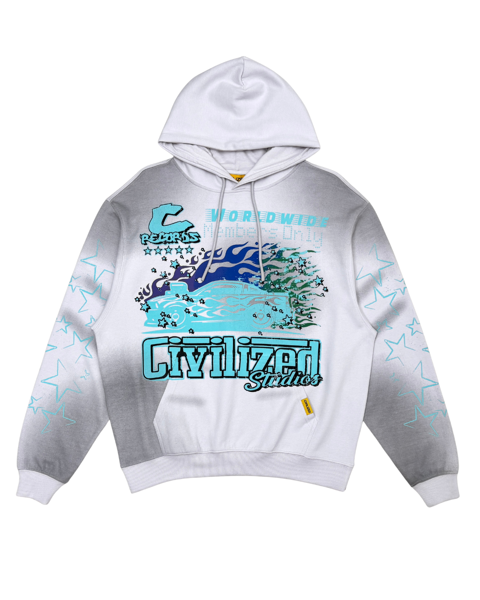 Gray and white hoodie with colorful graphics and text on a white background