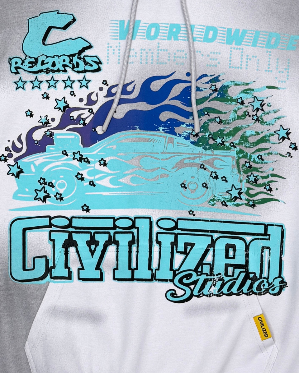 Gray hoodie with blue and green graphic design and 'Civilized Studios' text.