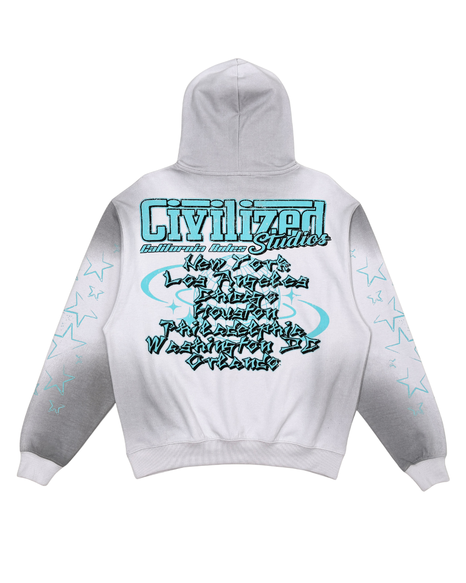 Gray hoodie with blue and black text on a white background