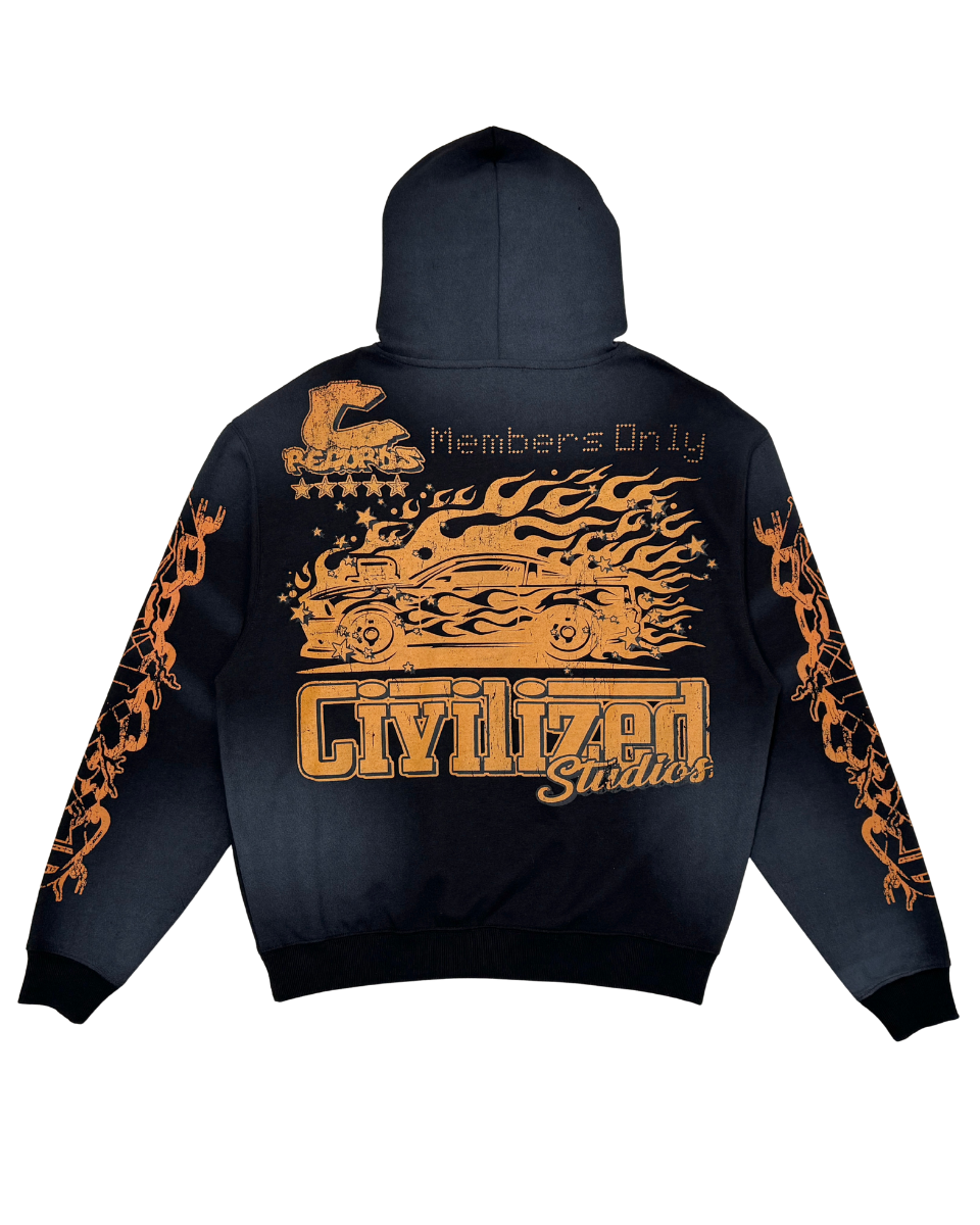 Black hoodie with orange graphics and text on a white background