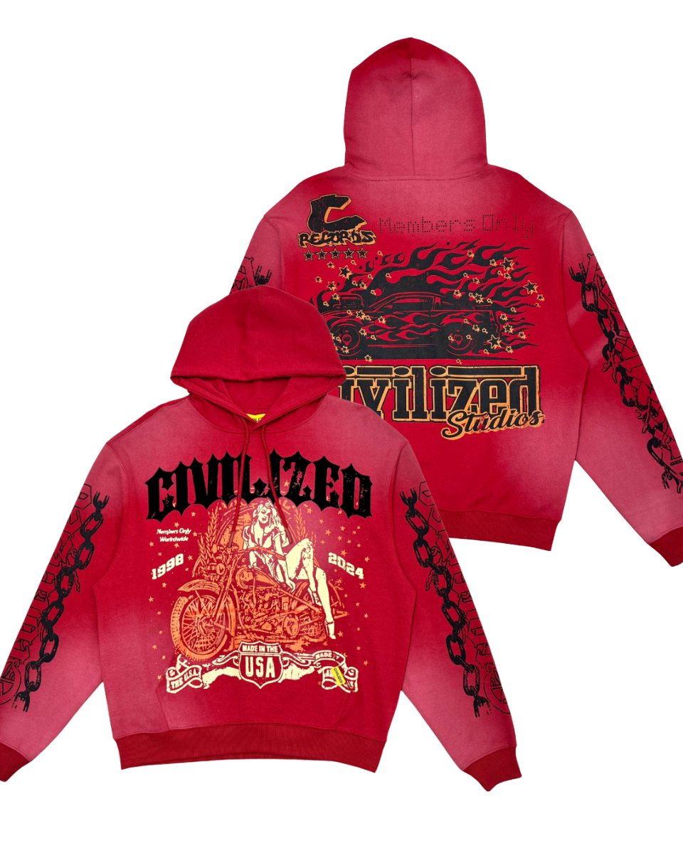 Red hoodie with graphic designs on a white background