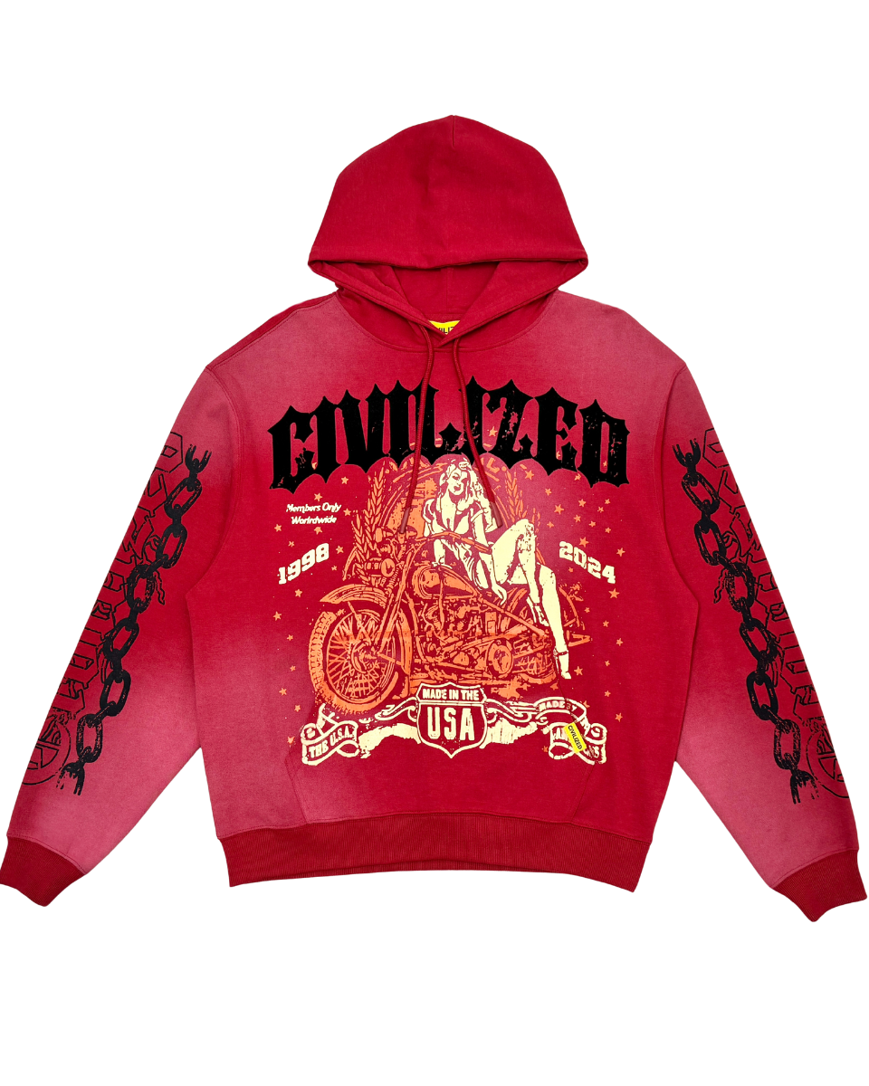 Red hoodie with graphic design and text on a white background