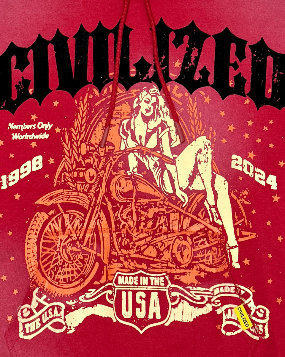 Red hoodie with motorcycle graphic and text on a red background