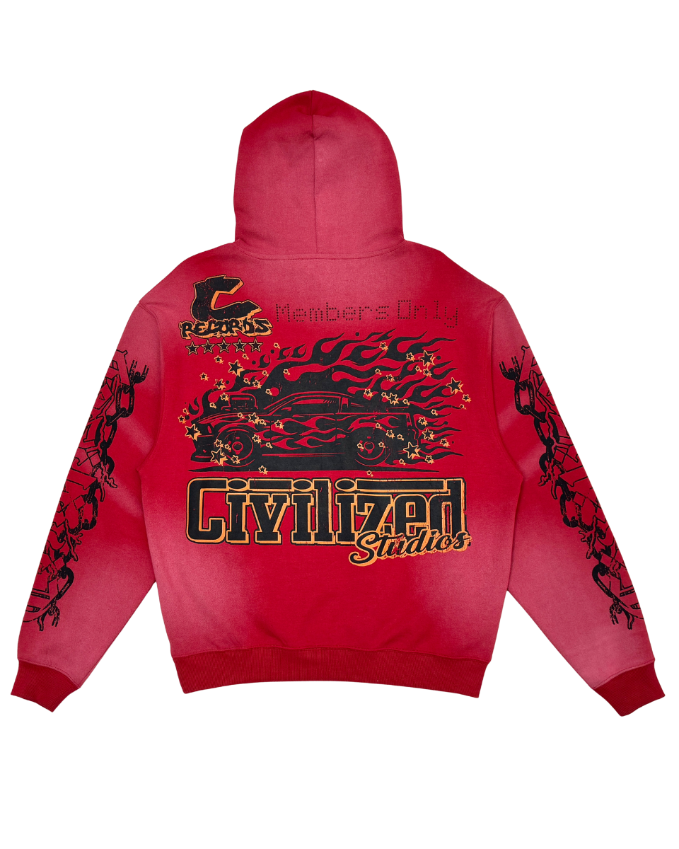 Red hoodie with black and gold graphics on a white background