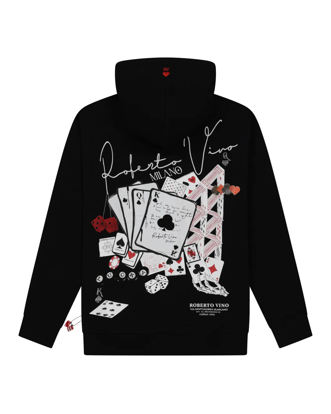 Black hoodie with card design and 'Roberto Vivo Milano' text on a white background