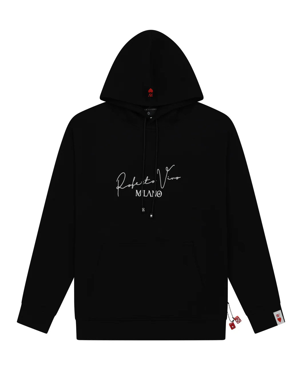 Black hoodie with white text on a white background