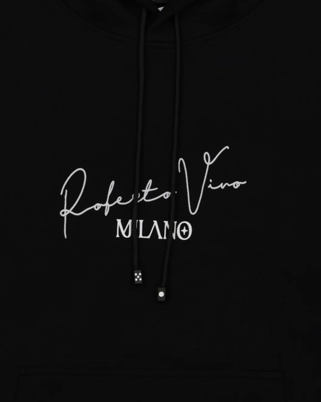Black hoodie with white text 'Rofe to Vivo Milano' on a black background