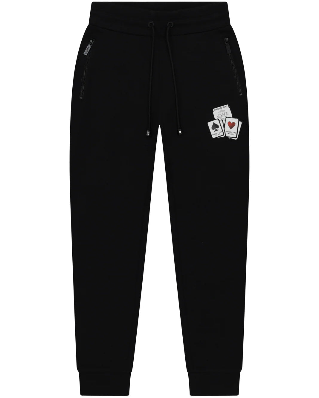 Black sweatpants with small graphic on a white background