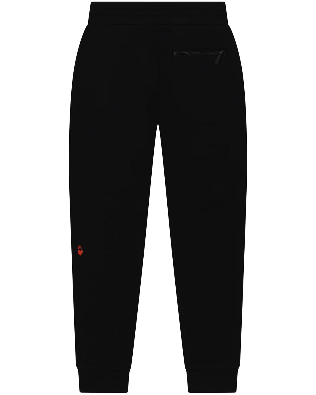 Black pants with a small red heart detail on a white background