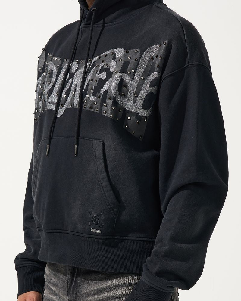 Black hoodie with text design on a white background