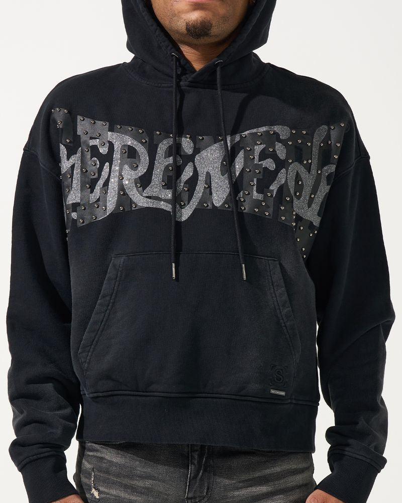 Black hoodie with graphic design on a white background