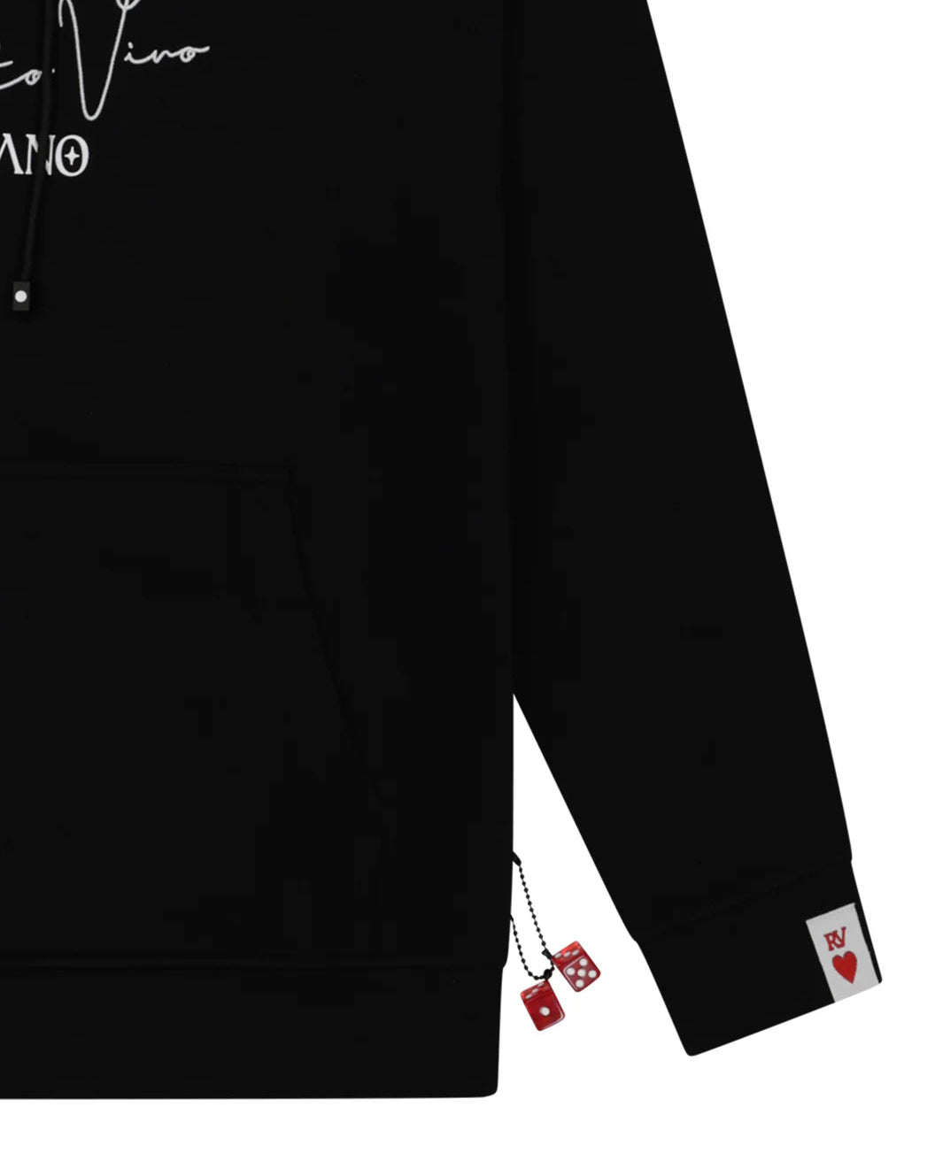 Black hoodie with red dice and heart designs on a white background