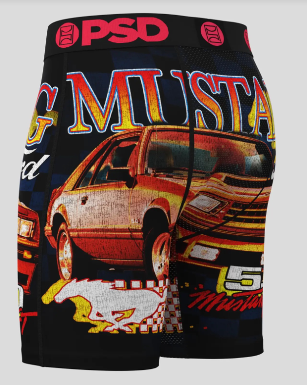 Boxer briefs with Mustang car design and 'PSD' branding on a gray background