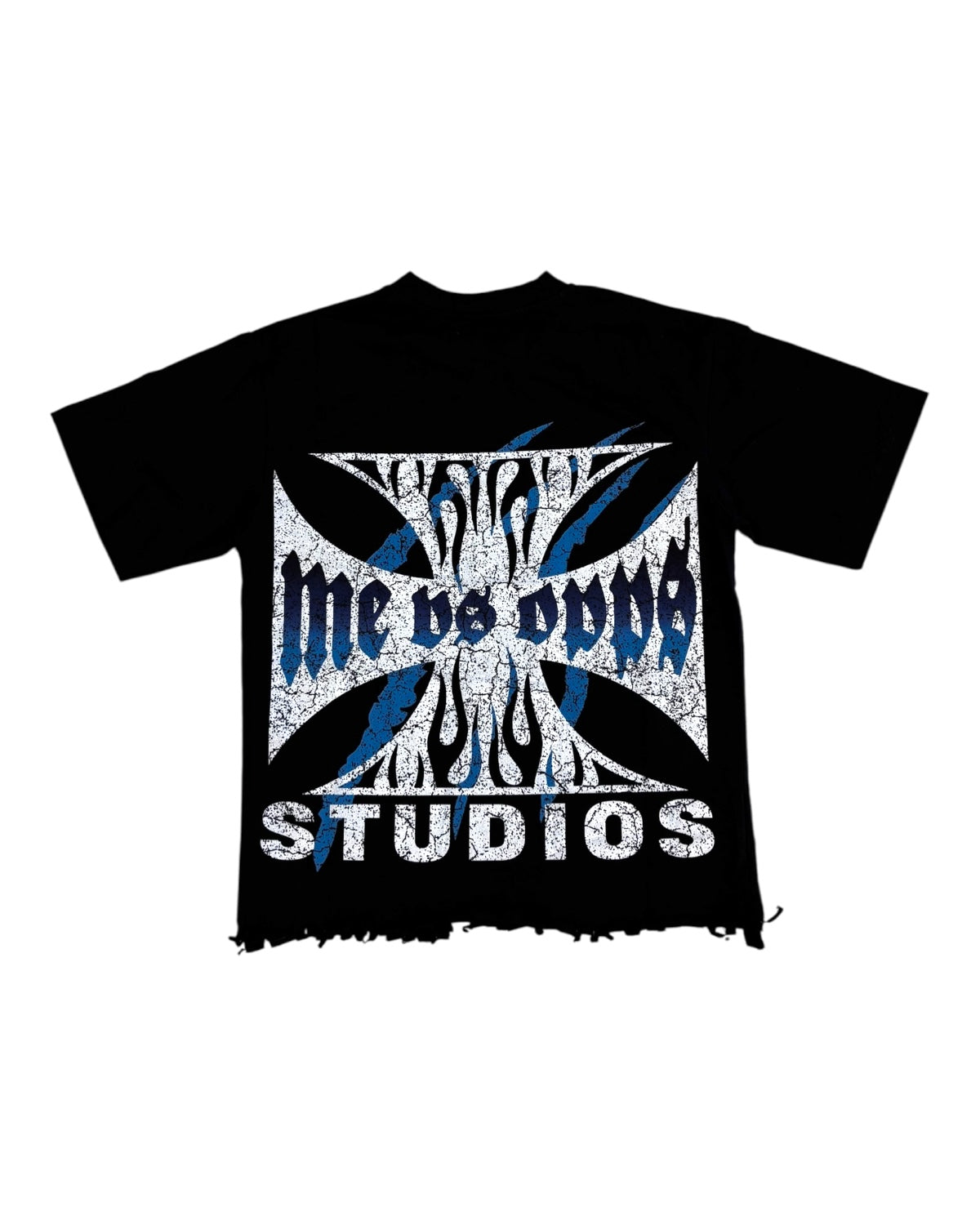 Black t-shirt with 'me vs opps STUDIOS' graphic design on a white background