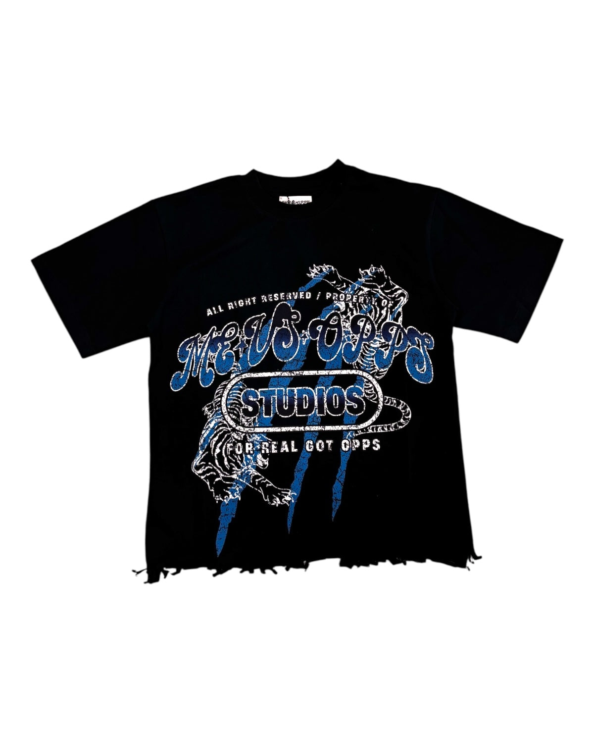 Black t-shirt with blue graphic design on a white background