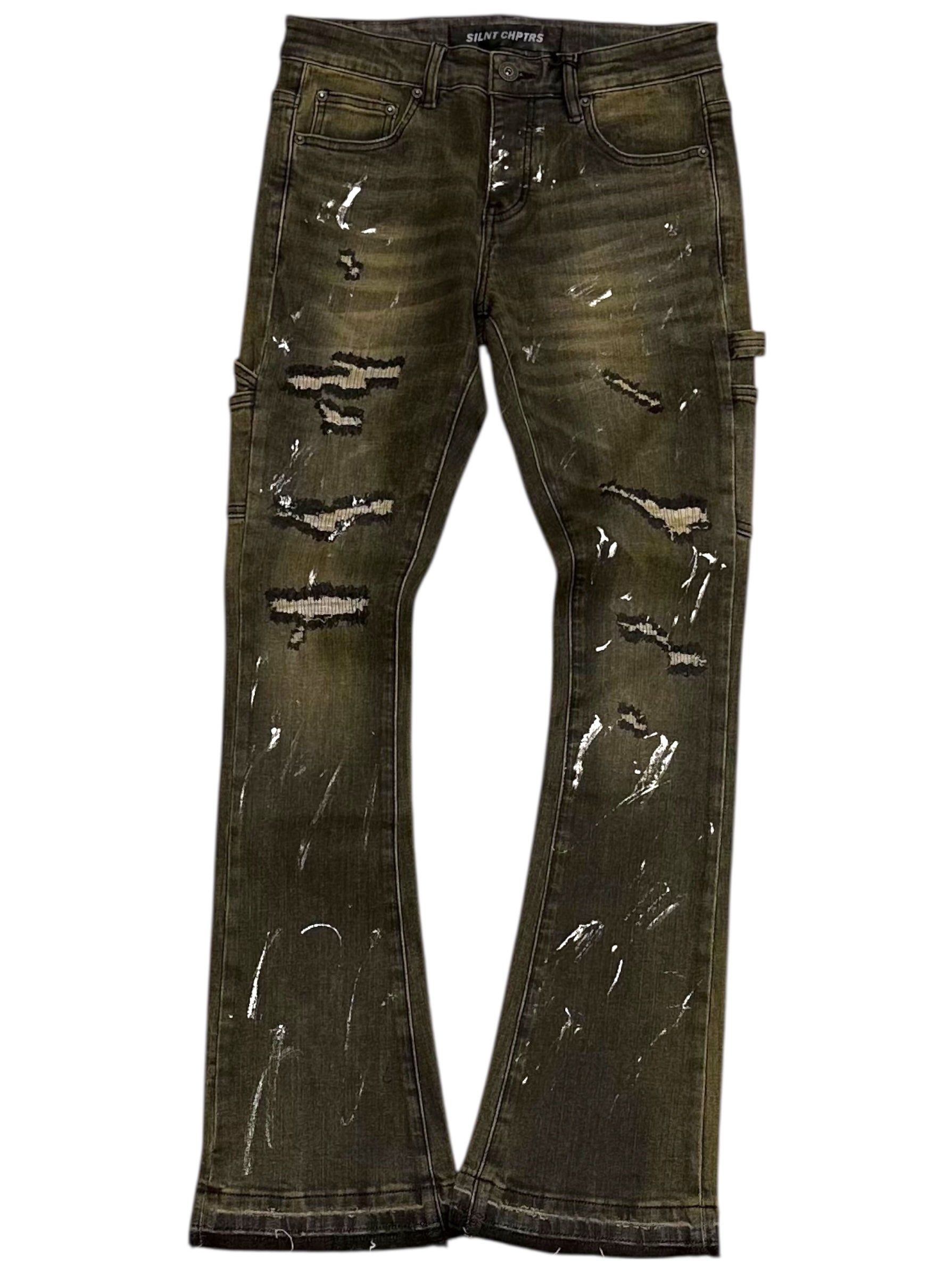 Distressed green jeans on a white background