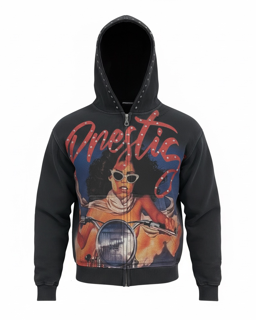 Black hoodie with a graphic design of a woman on a motorcycle and the word 'Prestige' on a white background.