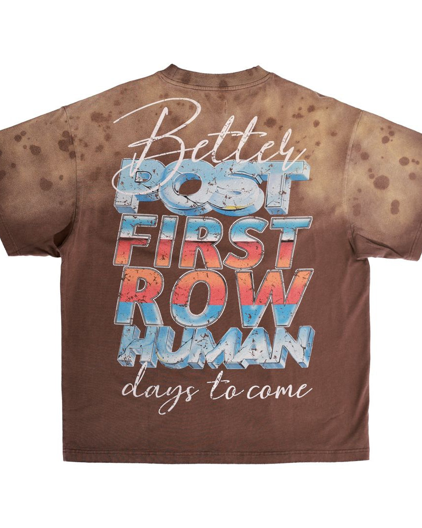 back view of a Brown t-shirt with colorful text design on a white background