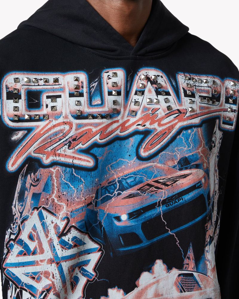 Person wearing a hoodie with 'Charger Racing' design featuring a car and text.