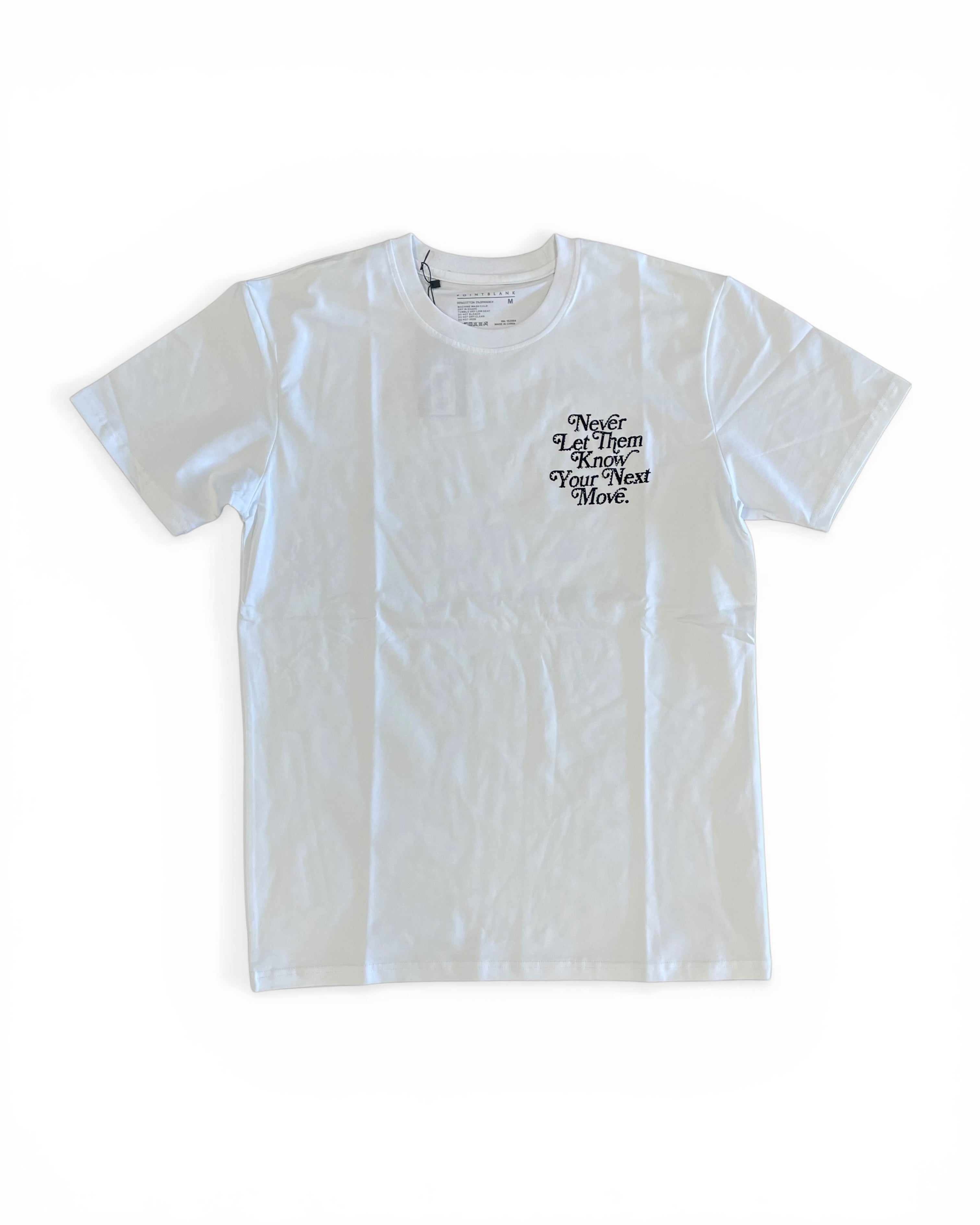 White t-shirt with black text on a white background
