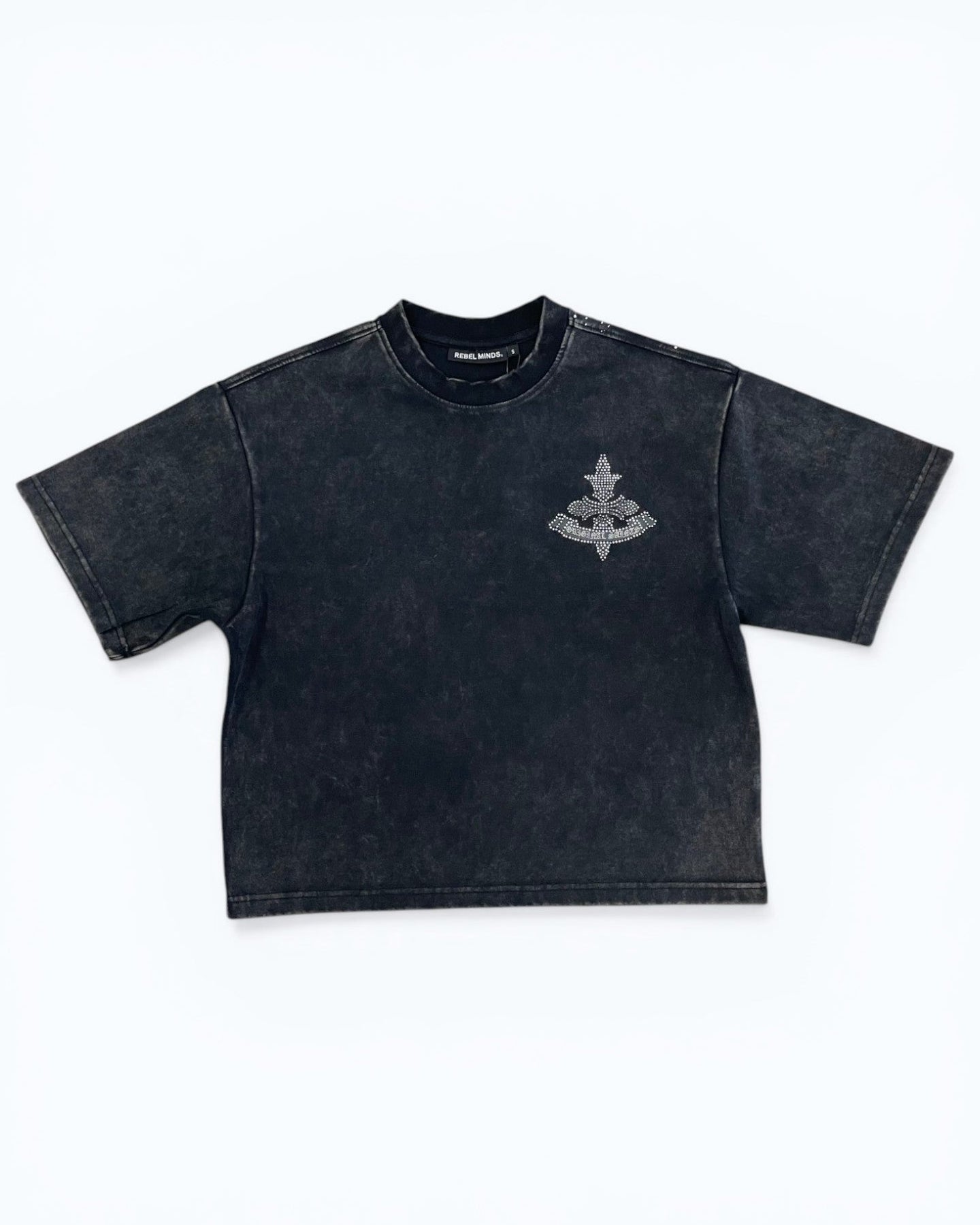 Black t-shirt with a logo on a white background