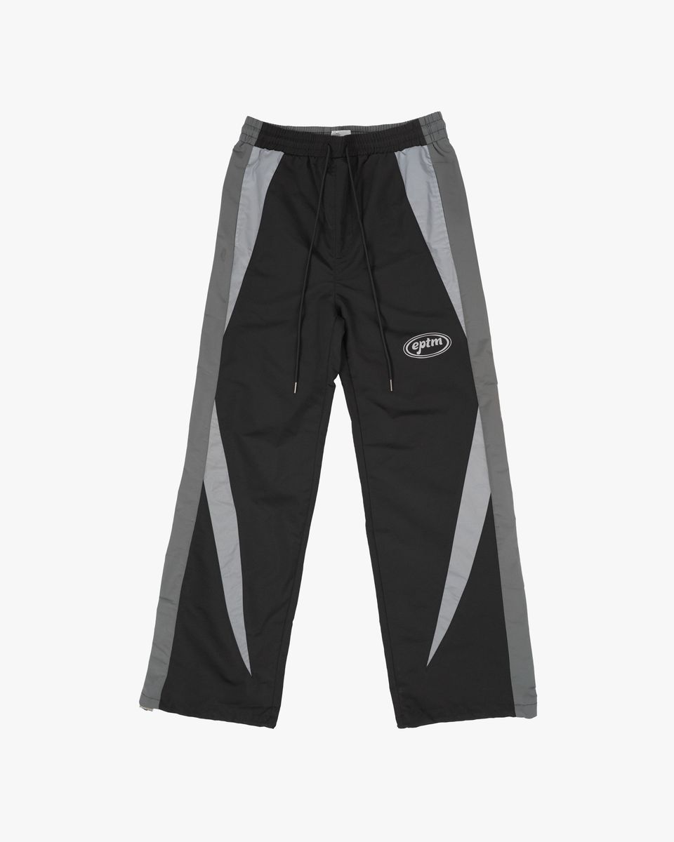 Black and gray pants with a brand logo on a white background