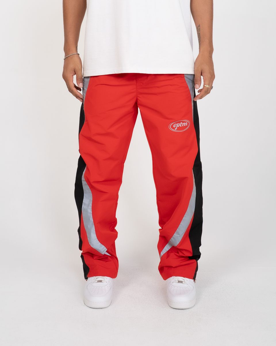 Red tracksuit with black and gray stripes on a white background