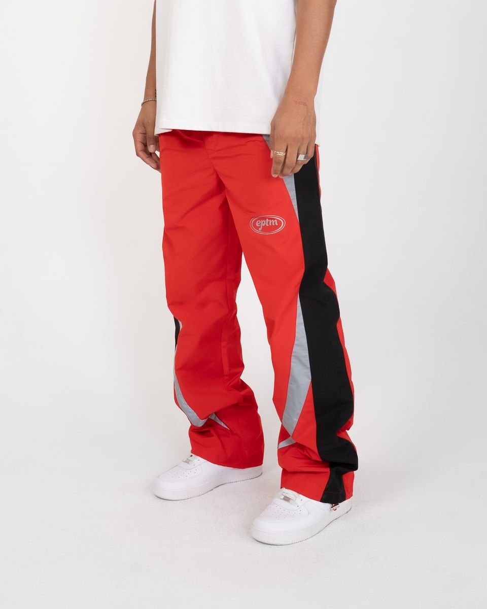 Red tracksuit with black and gray stripes on a white background
