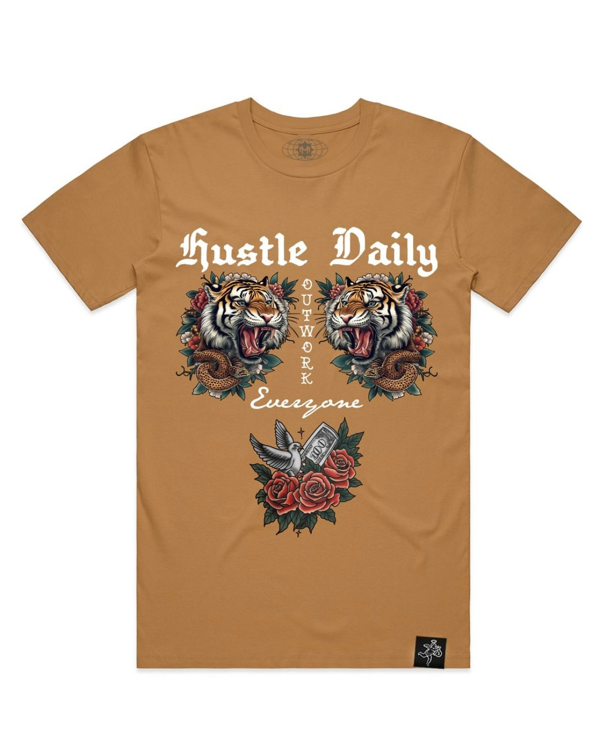 Hustle daily outwork tiger tattoos tee in khaki