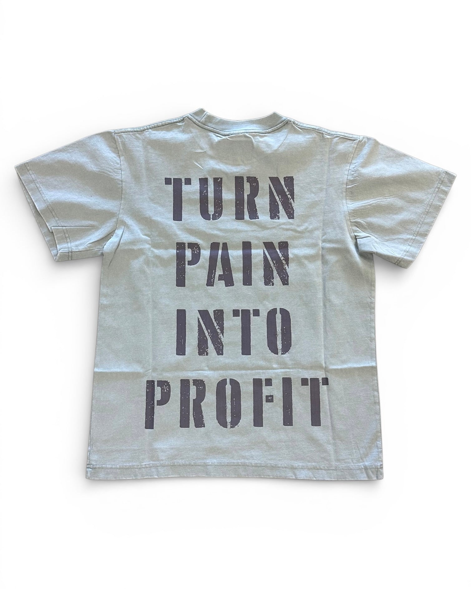 White t-shirt with 'Turn Pain into Profit' text on a white background