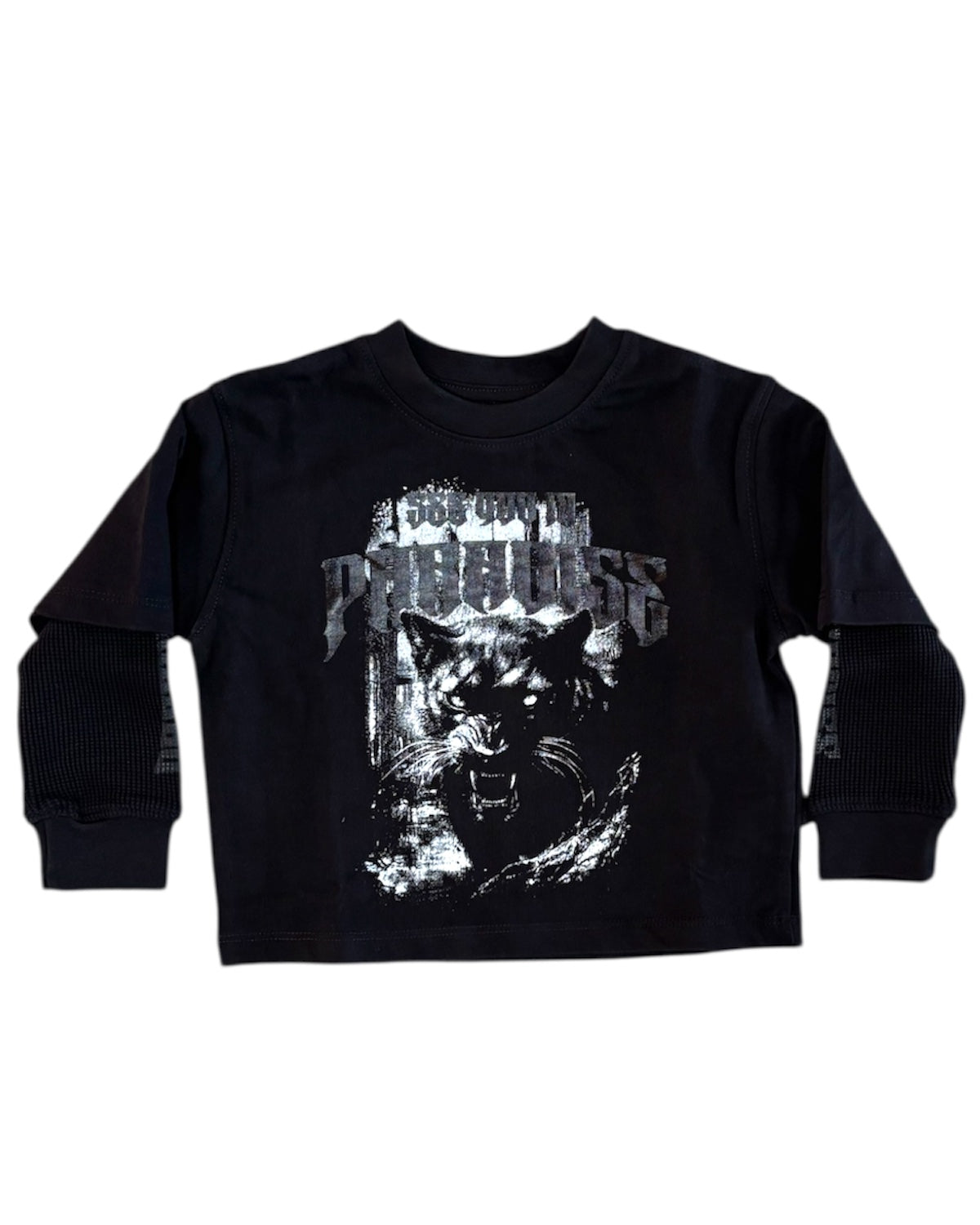 Black long-sleeve shirt with a graphic design of a cat and text on a white background