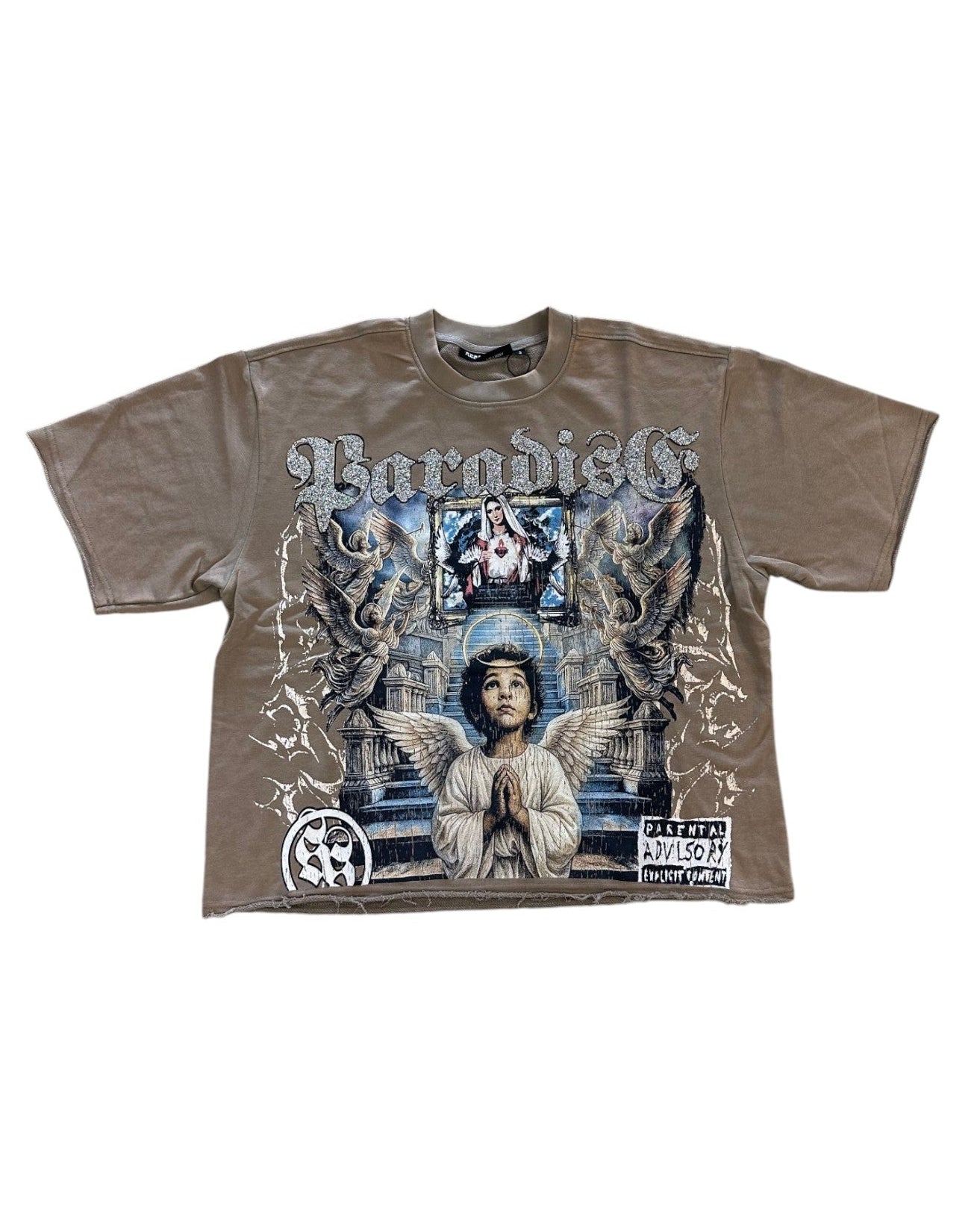 Brown t-shirt with graphic design on a white background