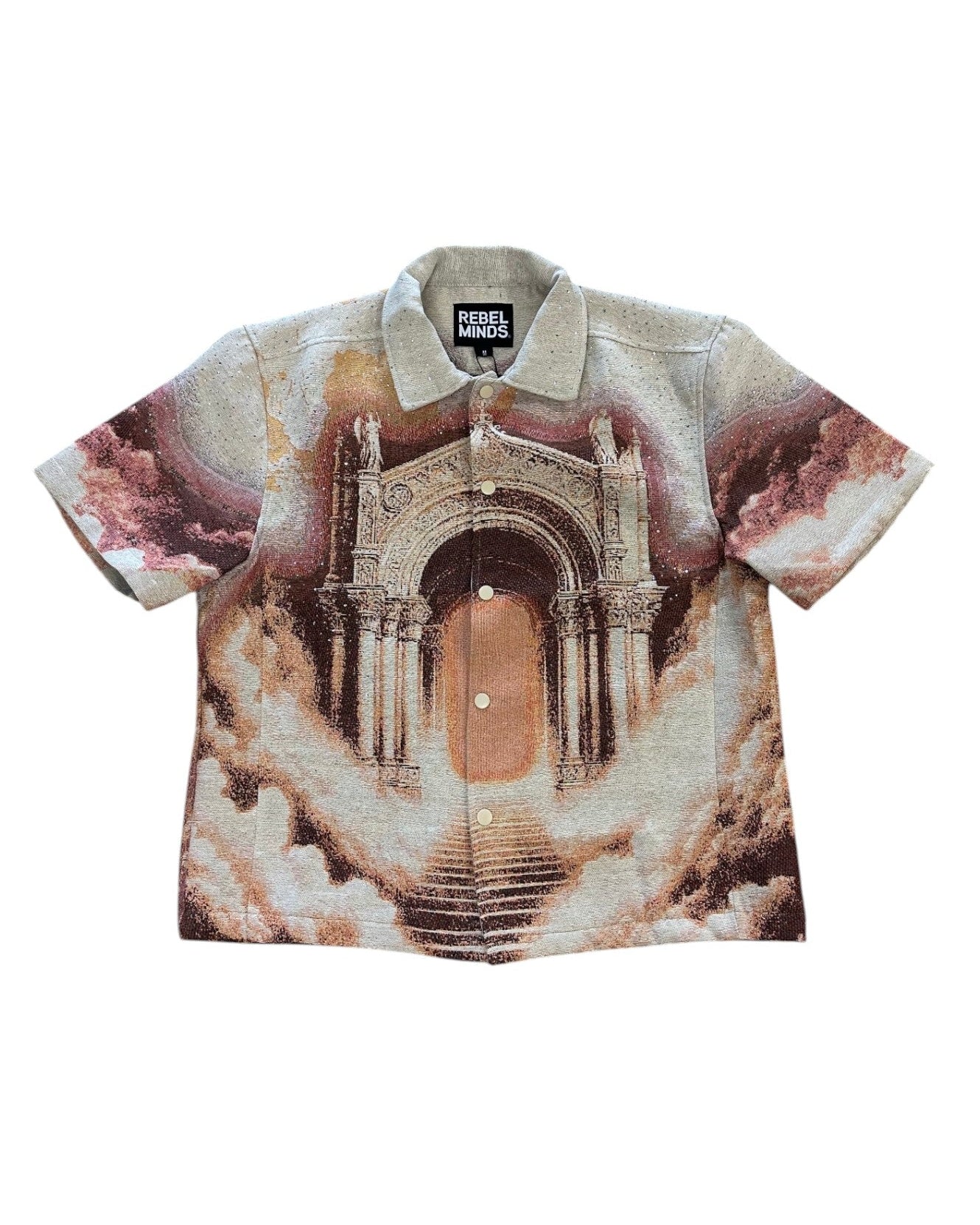 Short-sleeve shirt with architectural design on a white background