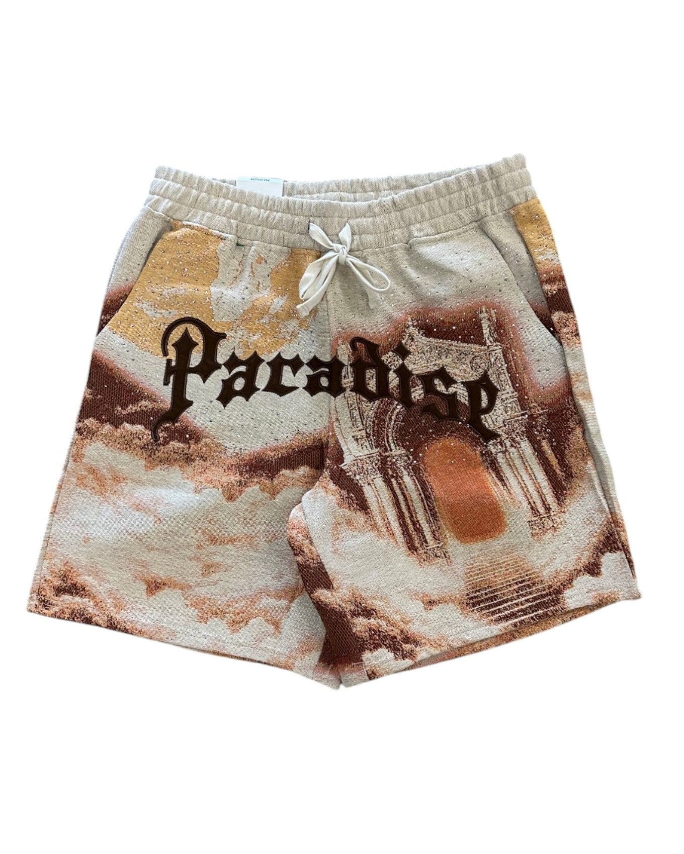 Shorts with architectural design and 'Paradiso' text on a white background