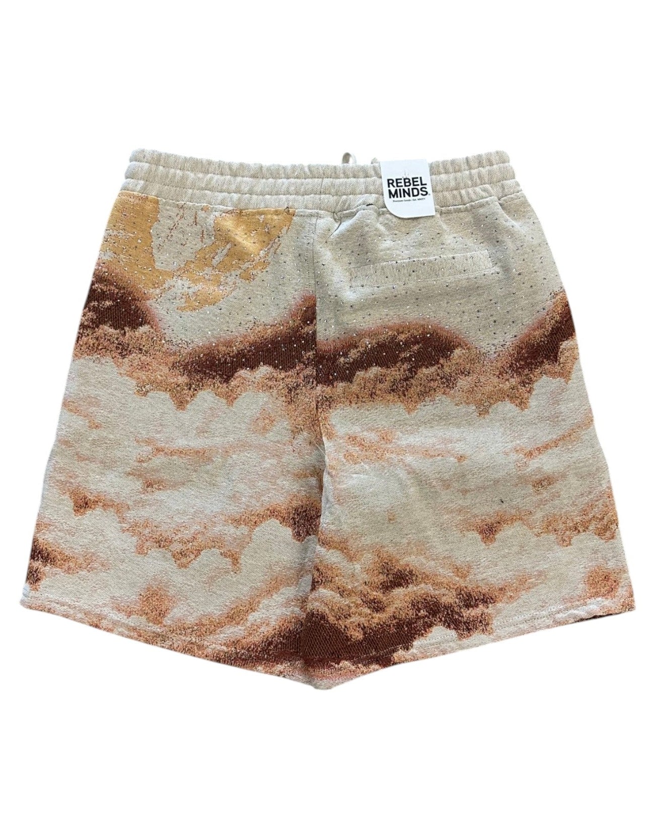 Shorts with a mountain landscape print on a white background