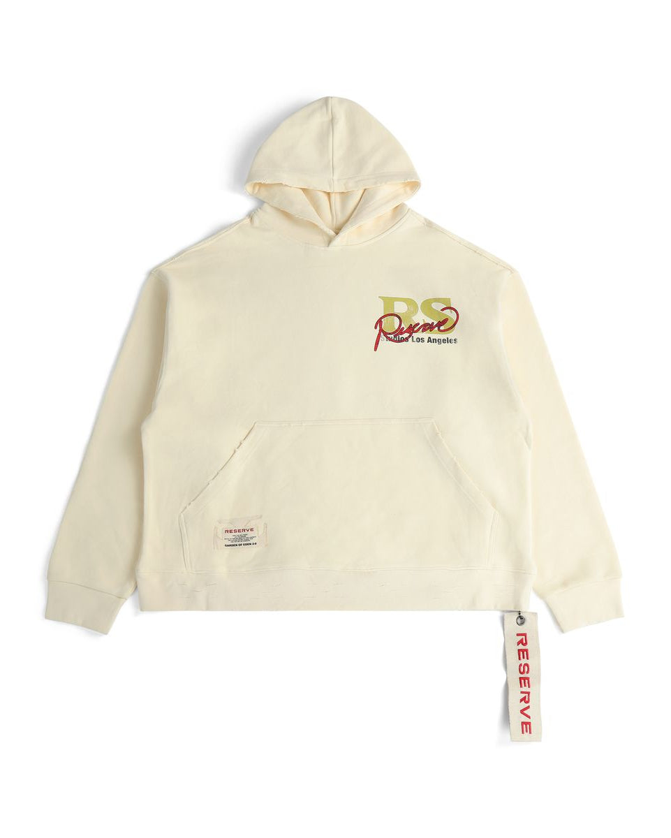 Beige hoodie with a logo on a white background