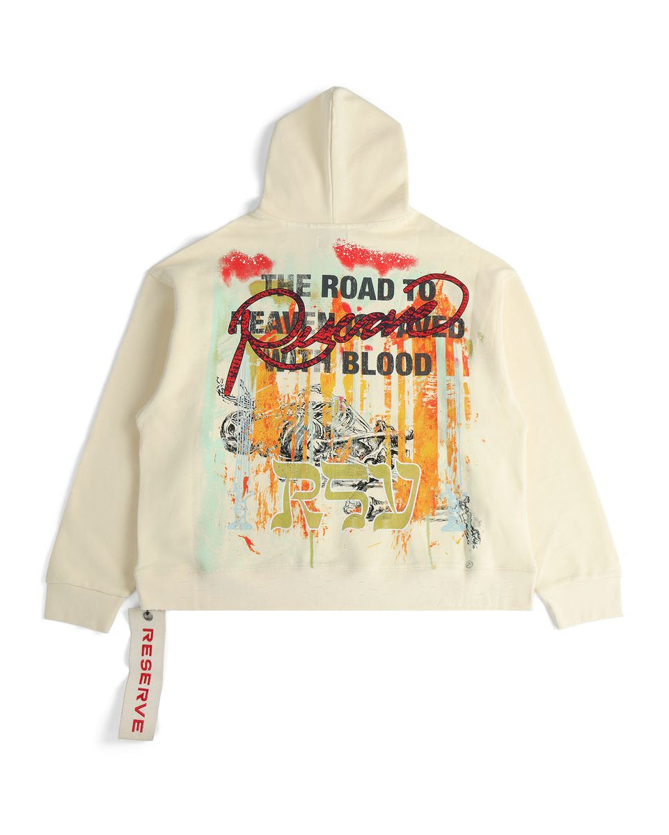 Beige hoodie with graphic design and text on a white background