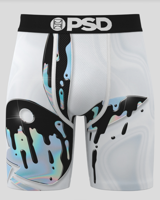 White athletic briefs with black and blue abstract design and 'PSD' branding on a white background