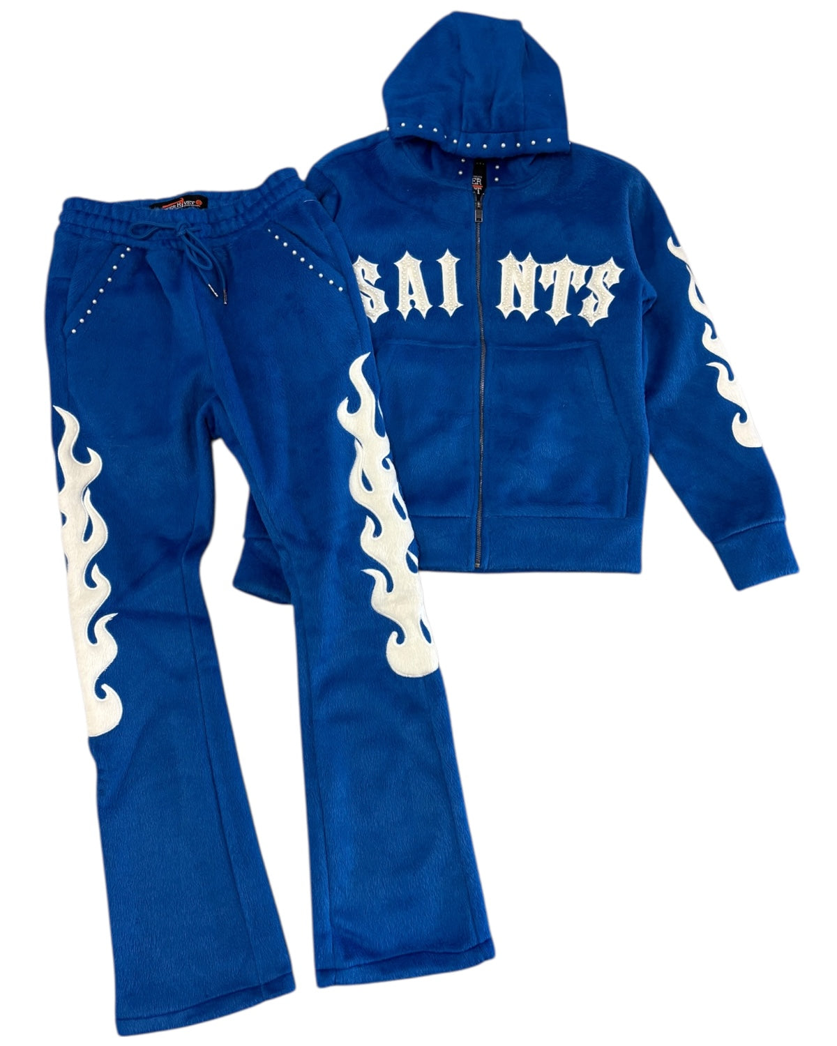 Blue tracksuit with flame designs and 'SAINTS' text on a white background