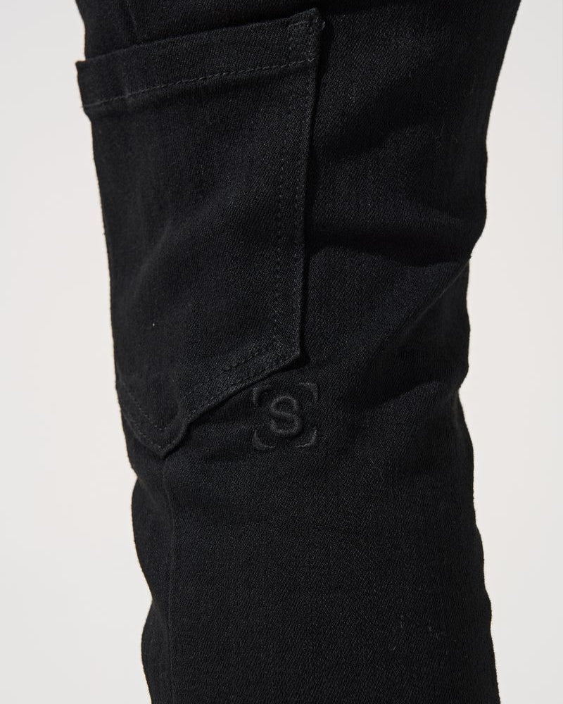 Black pants with a brand logo on a white background